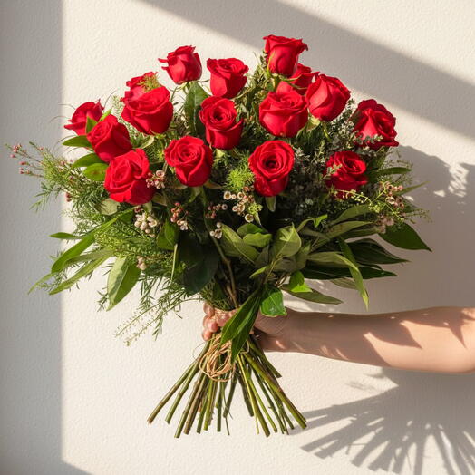 Ramo de 18 rosas rojas de tallo largo, acompanado de verdes variados y paniculata