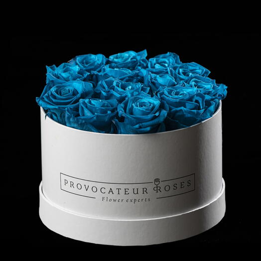 Caja redonda 16cm  de rosas preservadas aquamarine