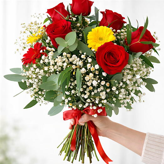 Ramo mixto con rosas rojas y gerberas