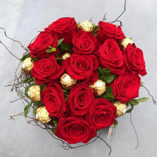 Red Roses with Ferrero Rocher in Basket