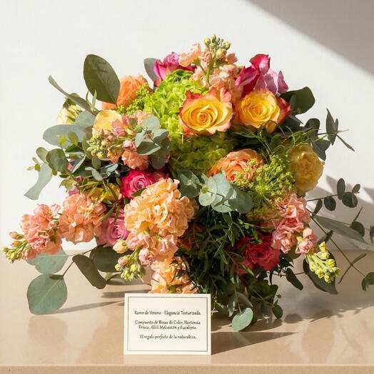 Summer Elegance Bouquet – Bouquet of roses, hydrangea and stock with eucalyptus