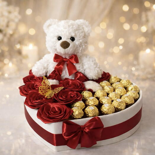 Boîte cœur élégante avec ourson blanc, roses et Ferrero - cadeau premium pour noces, anniversaire et Fête des Mères