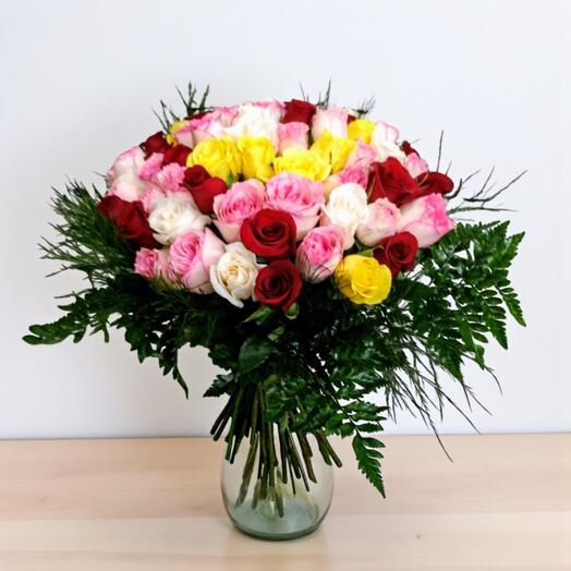 Ramo de Rosas Multicolor – 60 Rosas de Amor, Alegria y Elegancia