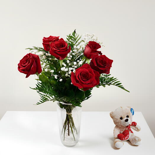 Ramo de 6 rosas rojas y oso de peluche