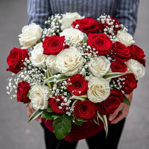 Box of white and red roses