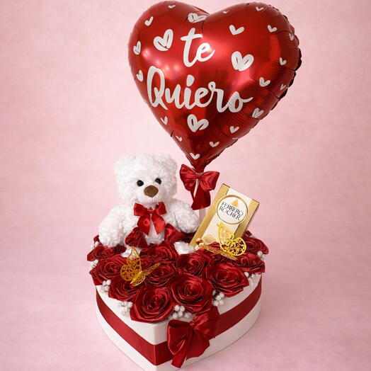 Caja de amor con rosas eternas,chocolate blanco y globo Te Quiero – regalo premium de aniversario / cumpleanos para mujer