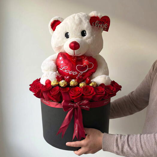Boîte de roses avec un ours en peluche et des chocolats Ferrero rocher