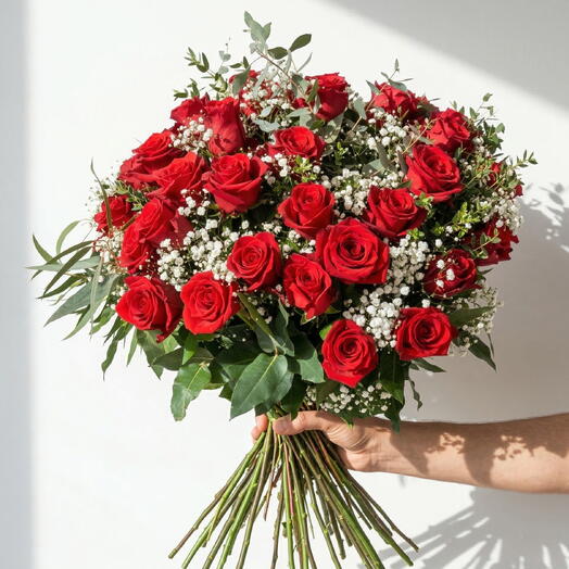 Bouquet of 24 Premium Red Roses – Romantic bouquet of roses with baby's breath and natural greenery