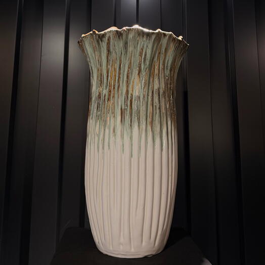 Jarron h60 ceramica lineas blanco-verde-marron