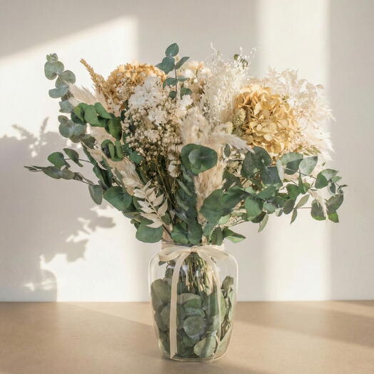 Jarron Magno de Flores Preservadas Naturales – Arreglo Floral Grande con Hortensias y Eucalipto