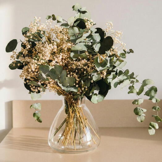 Jarron de Paniculata Blanca y Eucalipto Preservado – Arreglo Floral Natural y Atemporal