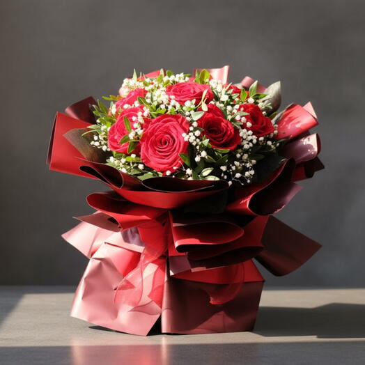 A Mi Amor – Ramo Premium de 9 Rosas Rojas con Paniculata y Pistacia