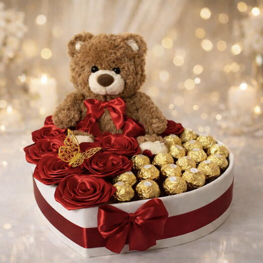 Heart-shaped box with brown teddy bear, roses and Ferrero - premium gift for anniversary, birthday, graduation and Mother's Day