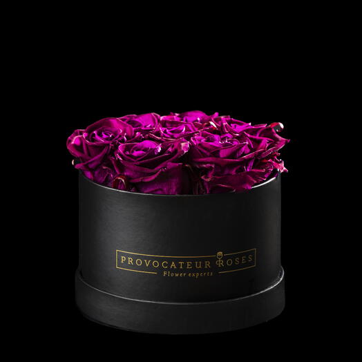 Caja redonda 16cm  de rosas preservas purpura