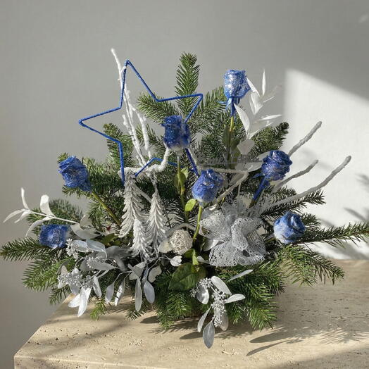 Christmas Arrangement The Star That Shines the Most with Blue Roses and Winter Decoration