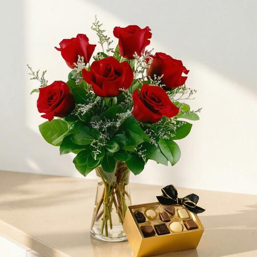 Ramo de 6 Rosas Rojas con Bombones