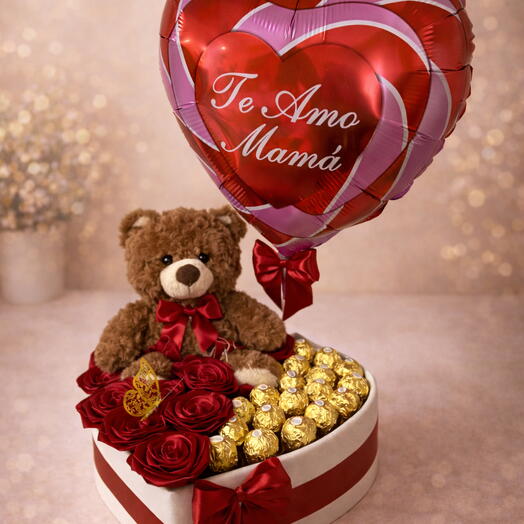 Boîte cœur de luxe Fête des Mères avec ourson brun, roses, Ferrero et ballon Je t'aime Maman - cadeau parfait pour mamans