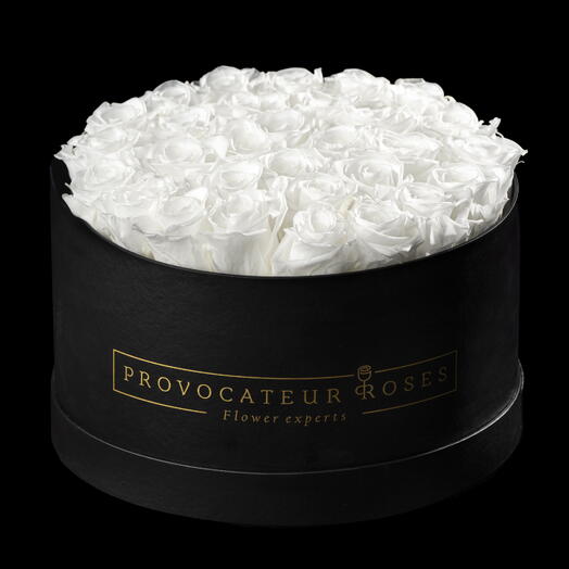 Caja redonda 30cm  de rosas preservadas blanco