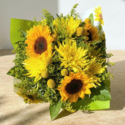 End of Spring Bouquet – Bouquet of Natural Yellow Flowers with Decorative Greenery