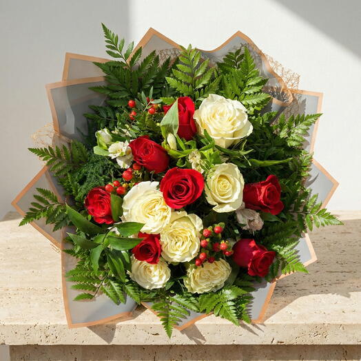 Classic Harmony Bouquet – Bouquet of Red and White Roses with Elegant Natural Greenery