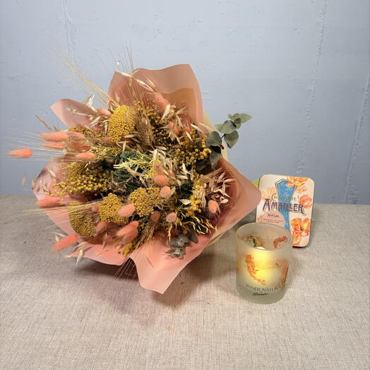 Mother s Day gift set- dried bouquet, artisan glass candle and a box of premium amattler chocolates