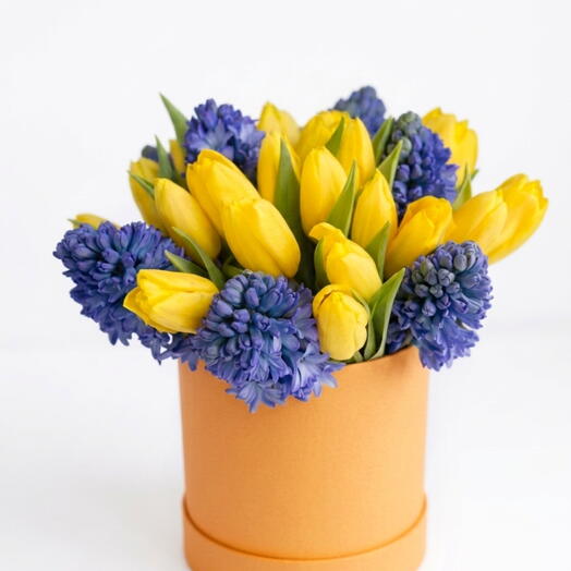Bouquet of hyacinths and yellow tulips