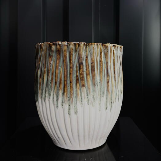 Maceta d19 ceramica lineas blanco-verde-marron