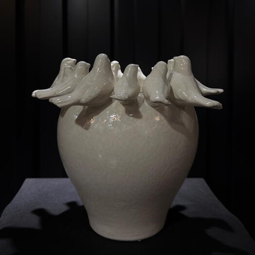 Jarron ceramica pajaros blanco roto