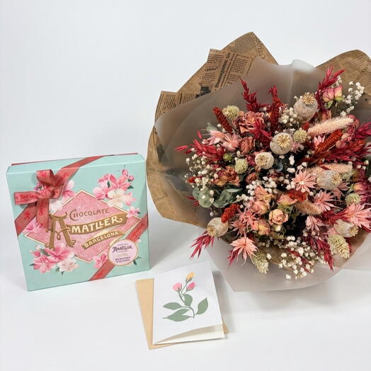 Set de regalo de ramo de flores secas - caja de chocolates Amatller - combinación perfecta para cumpleaños, regreso a casa o para regalar a un amigo Flores secas