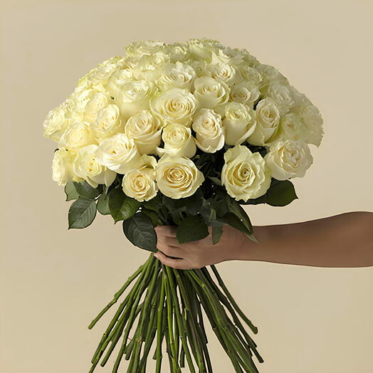 50 white roses in a perfect sphere bouquet
