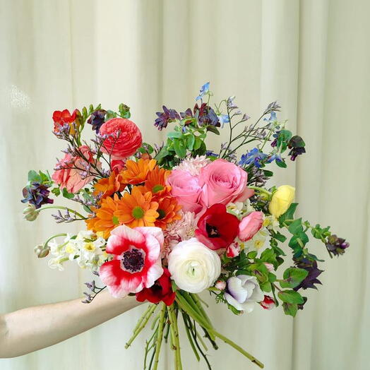 Artistic Multicolored Bouquet with Anemones and Ranunculus