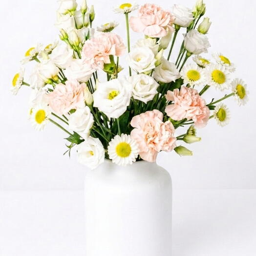 Ramo de Lisianthus blanco, Claveles rosas y Crisantemos "Santini Sun Up"