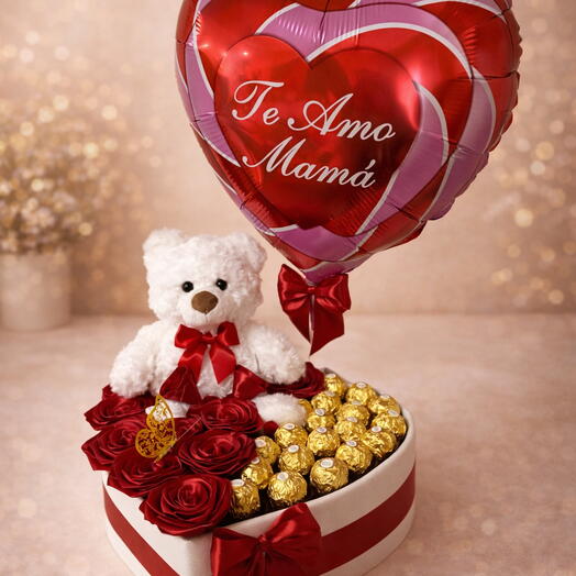 Luxury heart-shaped Mother's Day box with white teddy bear, roses, Ferrero and Te Amo Mama balloon - perfect gift for moms