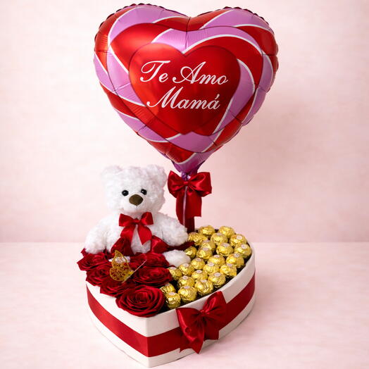 Caja corazon lujo Dia de la Madre con osito blanco, rosas, Ferrero y globo Te Amo Mama - perfecto regalo para mamas
