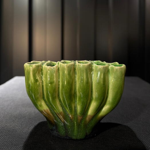 Jarron fakir ceramica bajo verde-marron