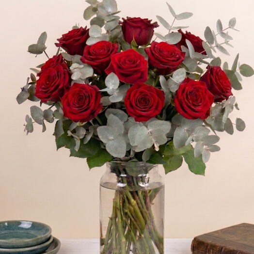 Romantic Essence Bouquet | Red Roses and Eucalyptus | 10 roses