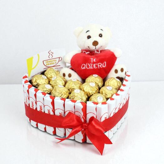 Regalo San Valentin: Tarta Kinder Te Quiero – Corazon con peluche y Ferrero Rocher