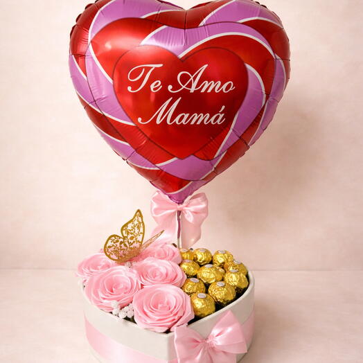 Caja corazon Dia de la Madre con rosas rosas, Ferrero y globo Te Amo Mama - regalo perfecto para mamas