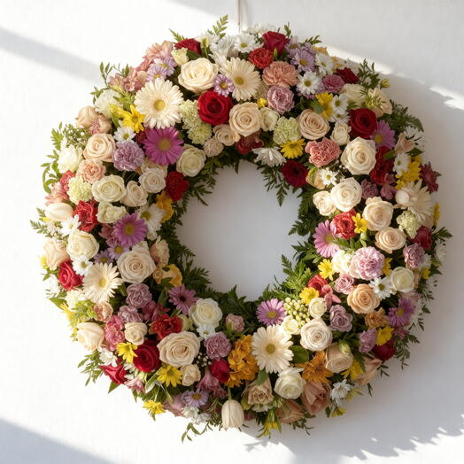 Corona Funebre Siberia Multicolor con Rosas, Gerberas y Claveles – Arreglo de Condolencias Elegante