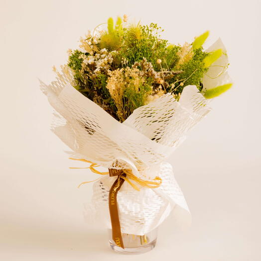 Bouquet of Dried Flowers in White and Green Tones