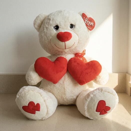 Oso de peluche blanco tamano M 60 cm con corazones – regalo romantico para San Valentin y ocasiones especiales