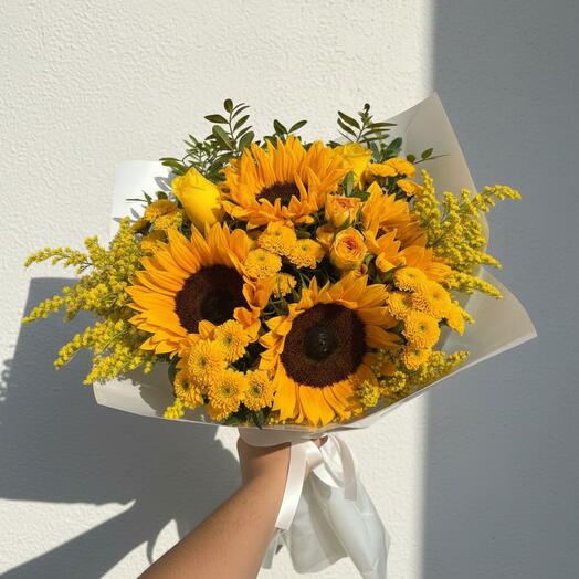 Bouquet of Sunflowers and Yellow Roses Radiant Joy