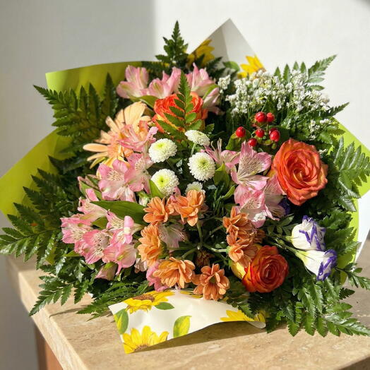 Friendship Bouquet – Multicolored Floral Bouquet with Natural Roses and Alstroemerias