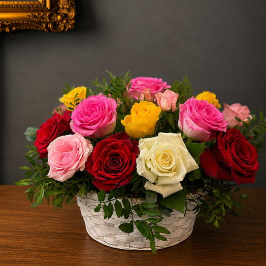 Basket of 15 Multicolored Roses