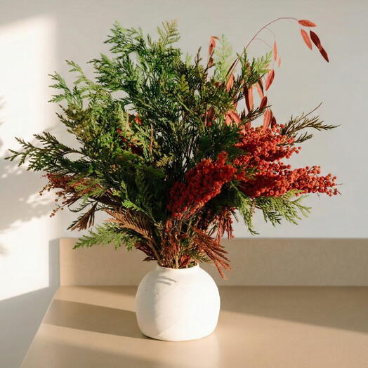 Centro Navideno de Flores Preservadas con Tuya y Acacia Roja en Jarron de Ceramica Blanca