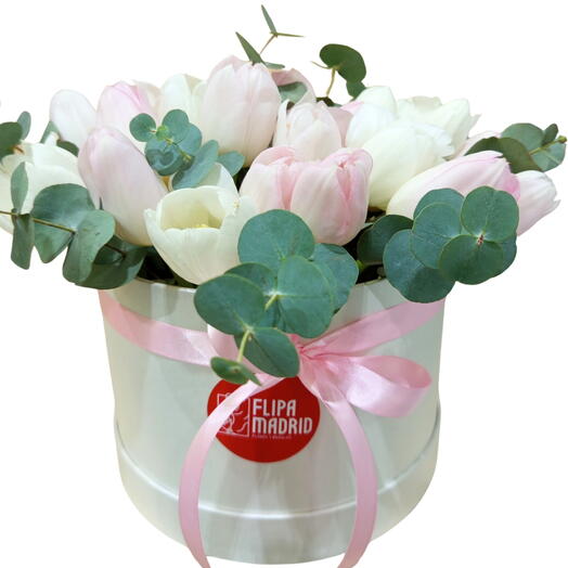 Boîte à chapeaux 35 tulipes roses et blanches
