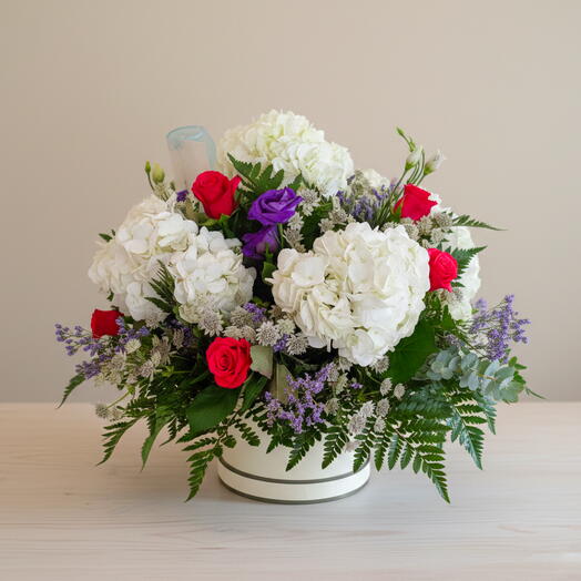 Arreglo elegante en caja con hortensias blancas