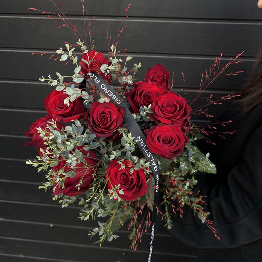 Bouquet of 11 red roses and eucalyptus ARAIK GALSTYAN