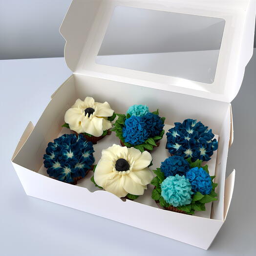 💙 Deluxe Blue Flower Box – 6 Cupcakes