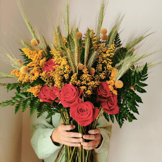 Bouquet of Red Roses and Golden Wheat Autumn Passion